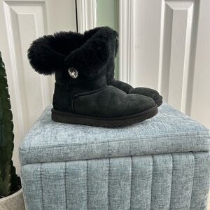 UGG Black Suede Boots with Fur Trim